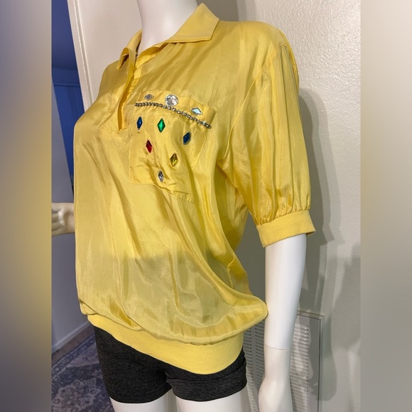 Adam Douglass 100%silk Yellow Embellished Women's Top S - Picture 2 of 6
